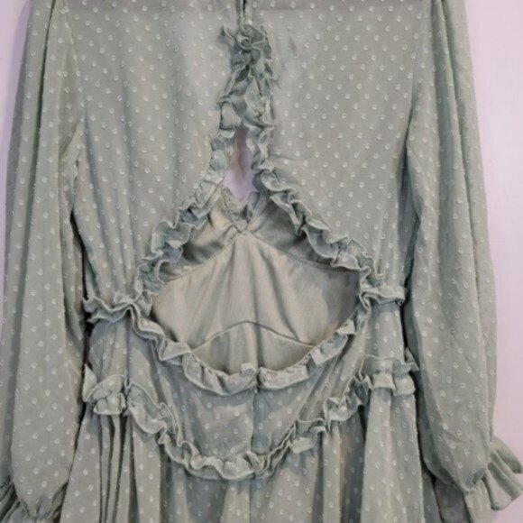 Shein Polka Dot Print Shirred Waist Layered Ruffle Hem Key hole Back Dress - Picture 9 of 10